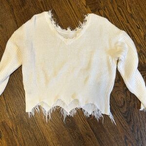 Frayed Hem Cream Sweater